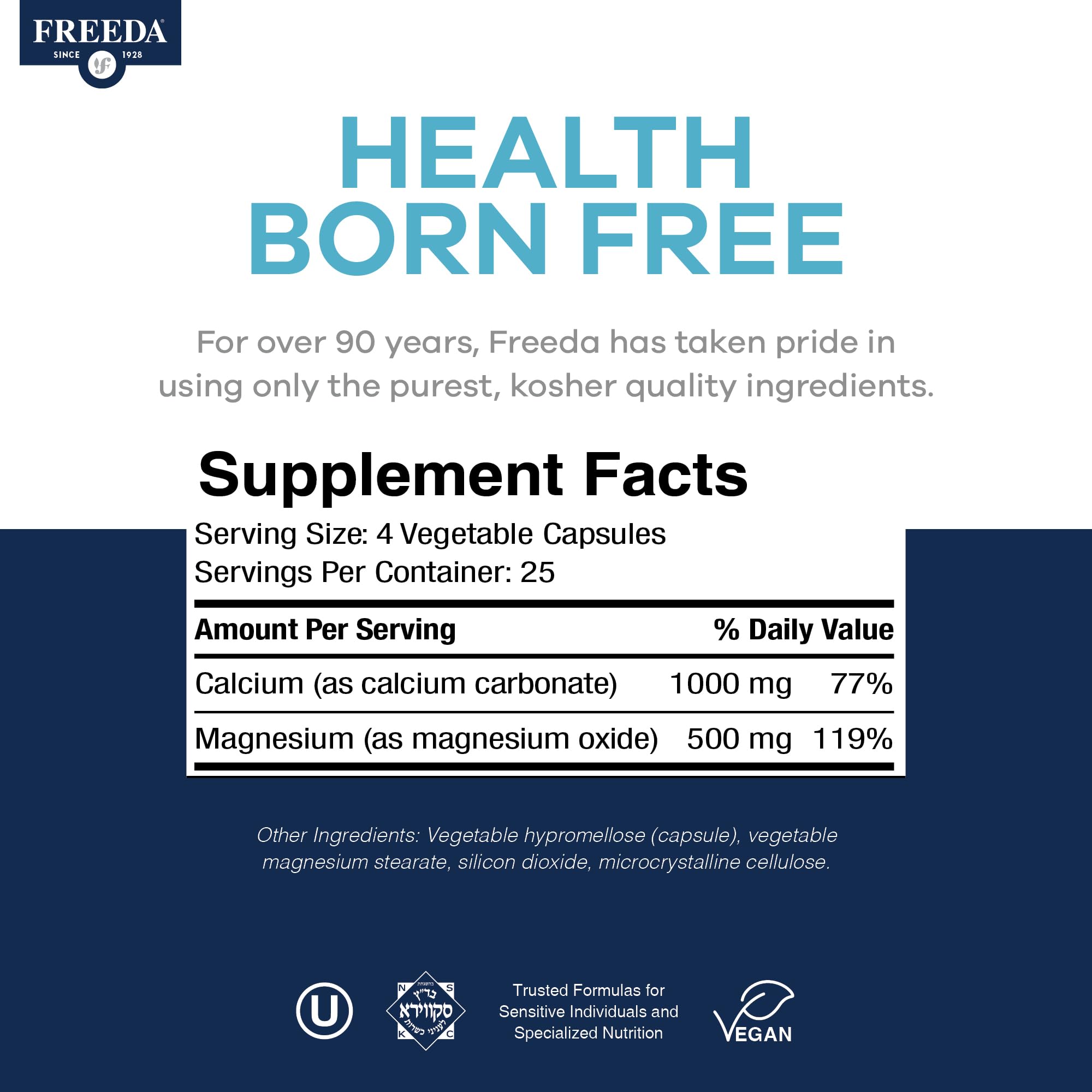 Freeda 2:1 Calcium Magnesium Supplement – Magnesium and Calcium Supplements for Women & Men – Bone Health & Strength, Nerve Function & Muscle Relaxation – Vegan, Third-Party Tested (100 Capsules) - Image 3