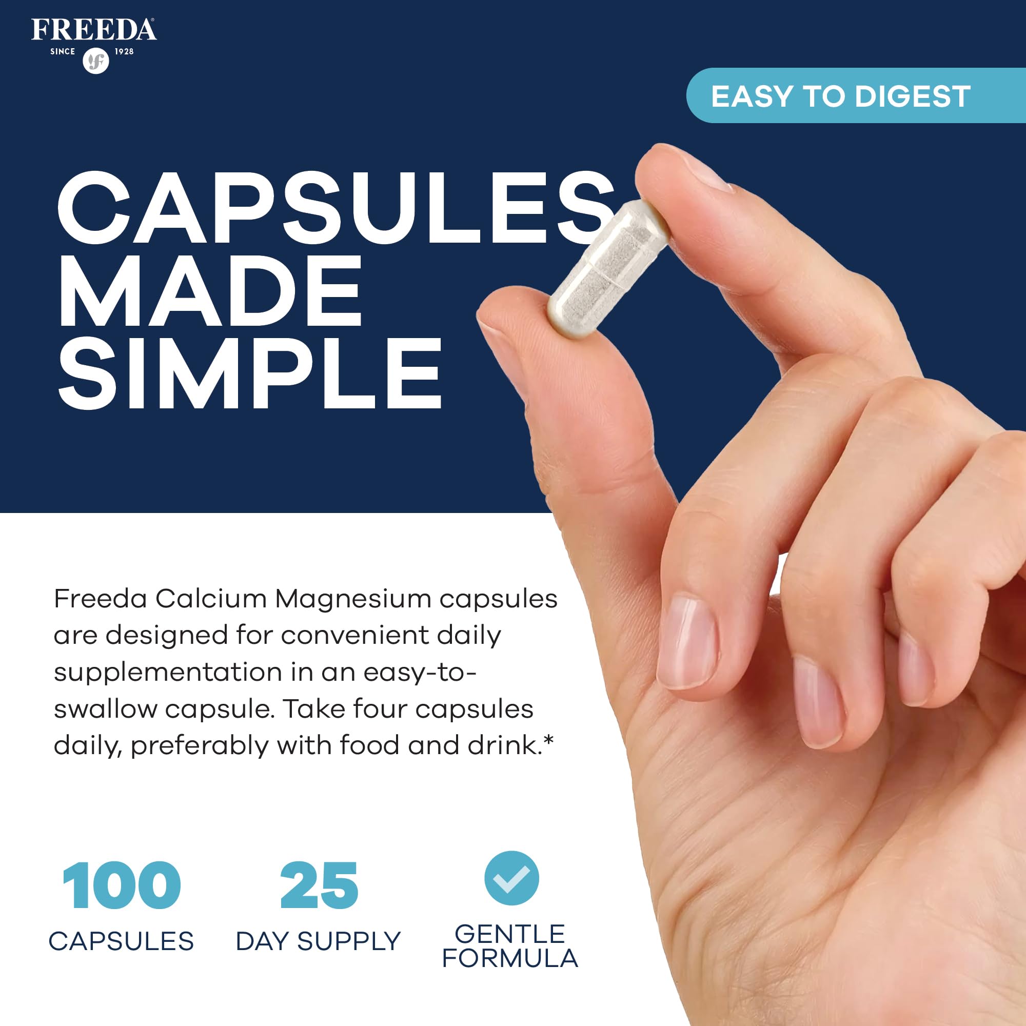 Freeda 2:1 Calcium Magnesium Supplement – Magnesium and Calcium Supplements for Women & Men – Bone Health & Strength, Nerve Function & Muscle Relaxation – Vegan, Third-Party Tested (100 Capsules) - Image 5