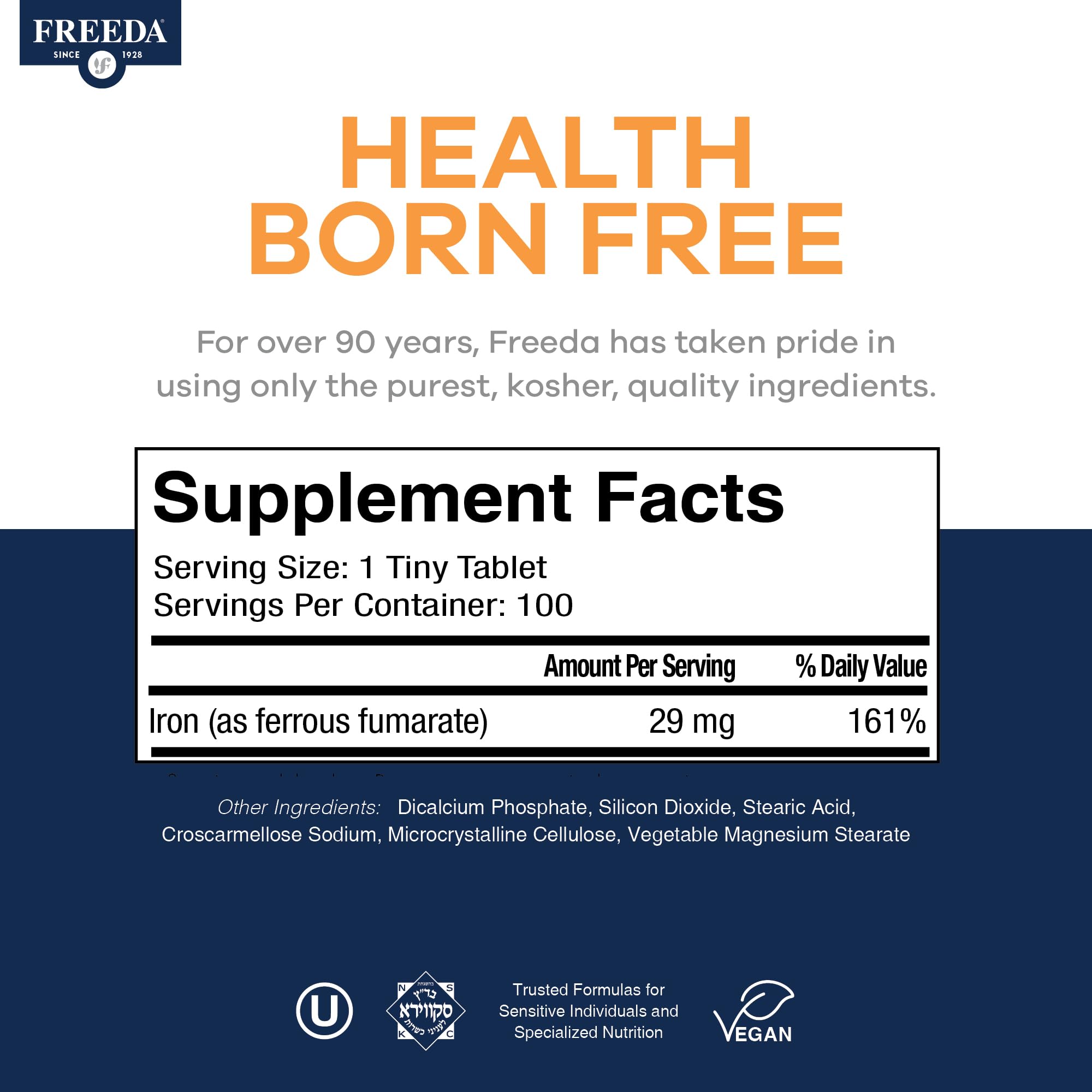 FREEDA 29 mg Gentle Iron Supplement for Women & Men from Ferrous Fumarate – Stomach Friendly Low Iron Pills for Energy & Red Blood Cell Booster Support, Easy-to-Swallow Tablets, Kosher, GF (100 Count) - Image 4