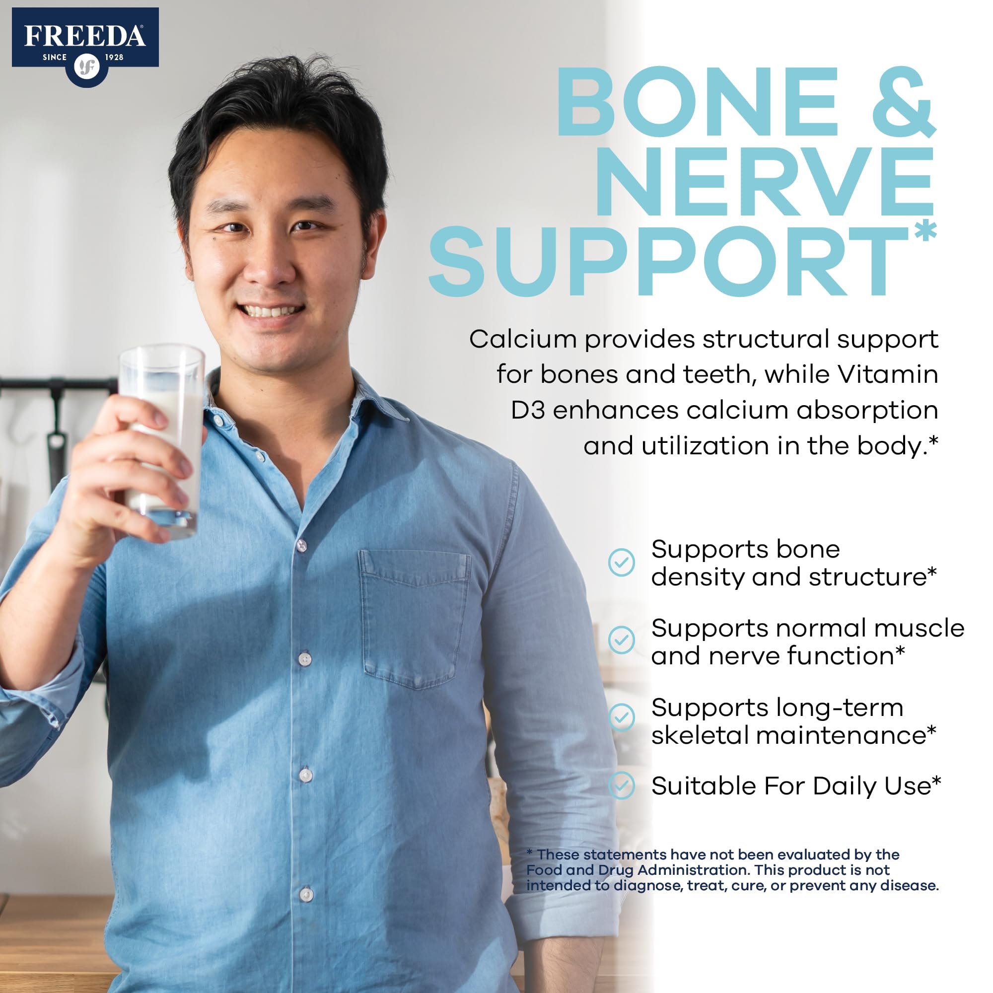 FREEDA 600mg Calcium with Vitamin D3 400 IU – Bone, Joint & Teeth Support – Vitamin D with Calcium Supplement for Women & Men – 600 mg – GF, Easy-to-Swallow Coated Tablets (100 Ct) - Image 3