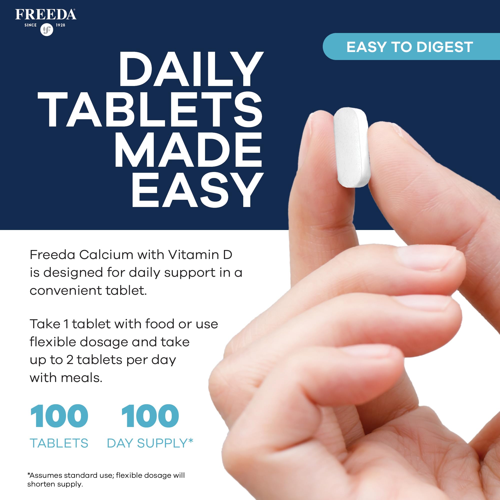 FREEDA 600mg Calcium with Vitamin D3 400 IU – Bone, Joint & Teeth Support – Vitamin D with Calcium Supplement for Women & Men – 600 mg – GF, Easy-to-Swallow Coated Tablets (100 Ct) - Image 4