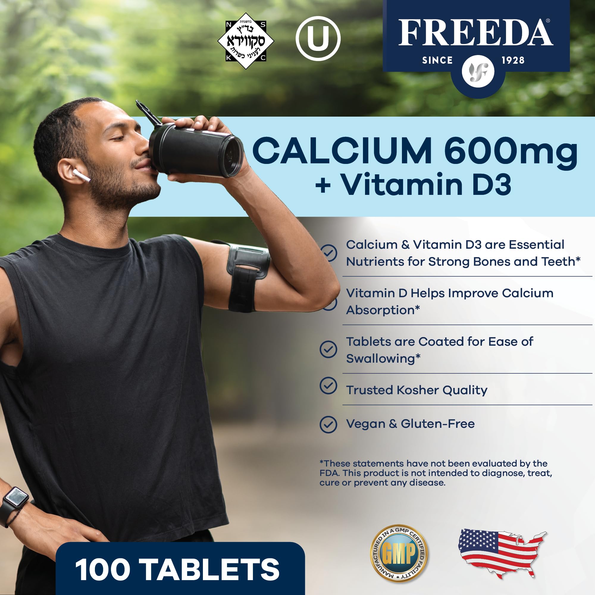 FREEDA 600mg Calcium with Vitamin D3 400 IU – Bone, Joint & Teeth Support – Vitamin D with Calcium Supplement for Women & Men – 600 mg – GF, Easy-to-Swallow Coated Tablets (100 Ct) - Image 8