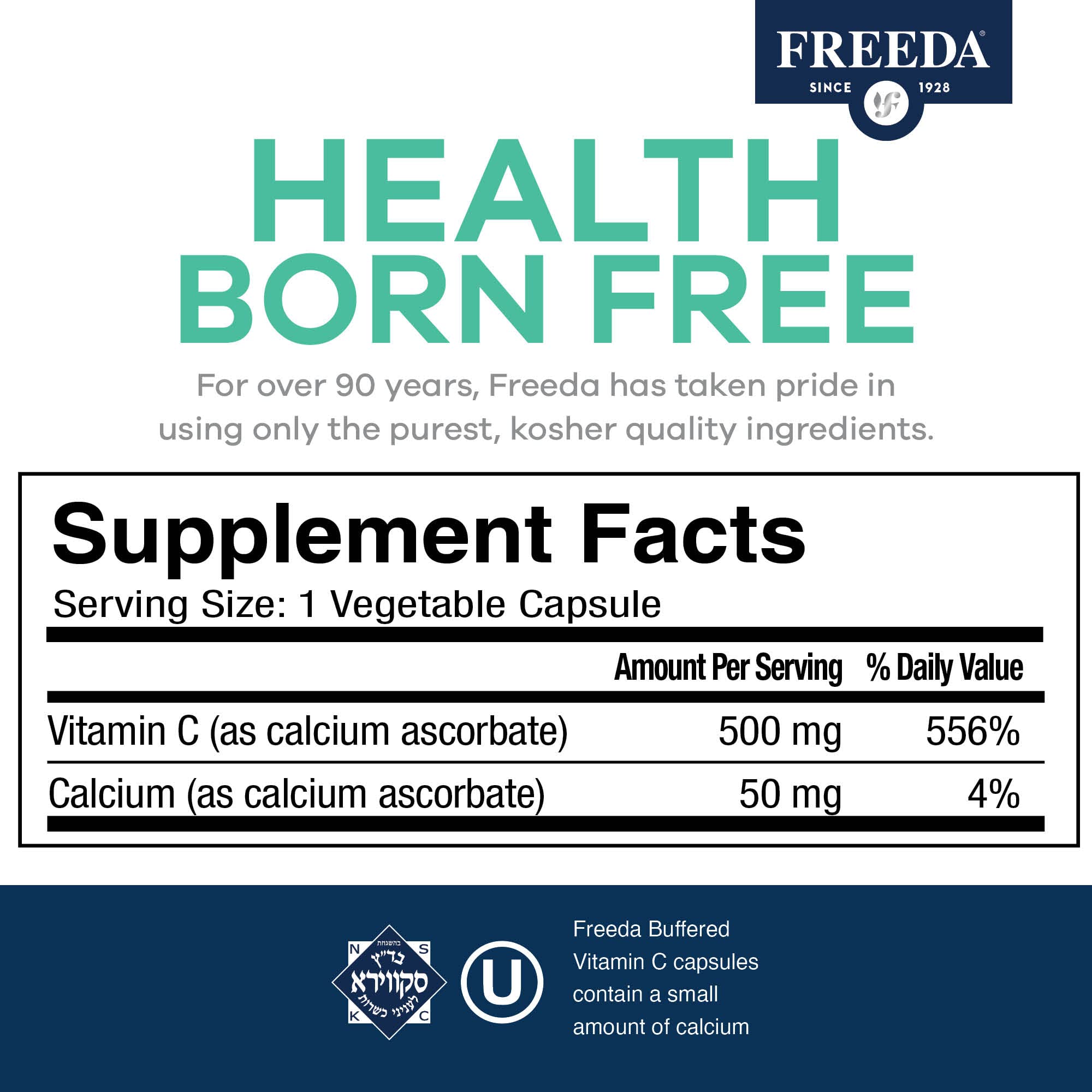 FREEDA Buffered Vitamin C 500mg – Non-Acidic Calcium Ascorbate – Immune Support & Antioxidant – Kosher, Gentle on Stomach – 100 Capsules - Image 3