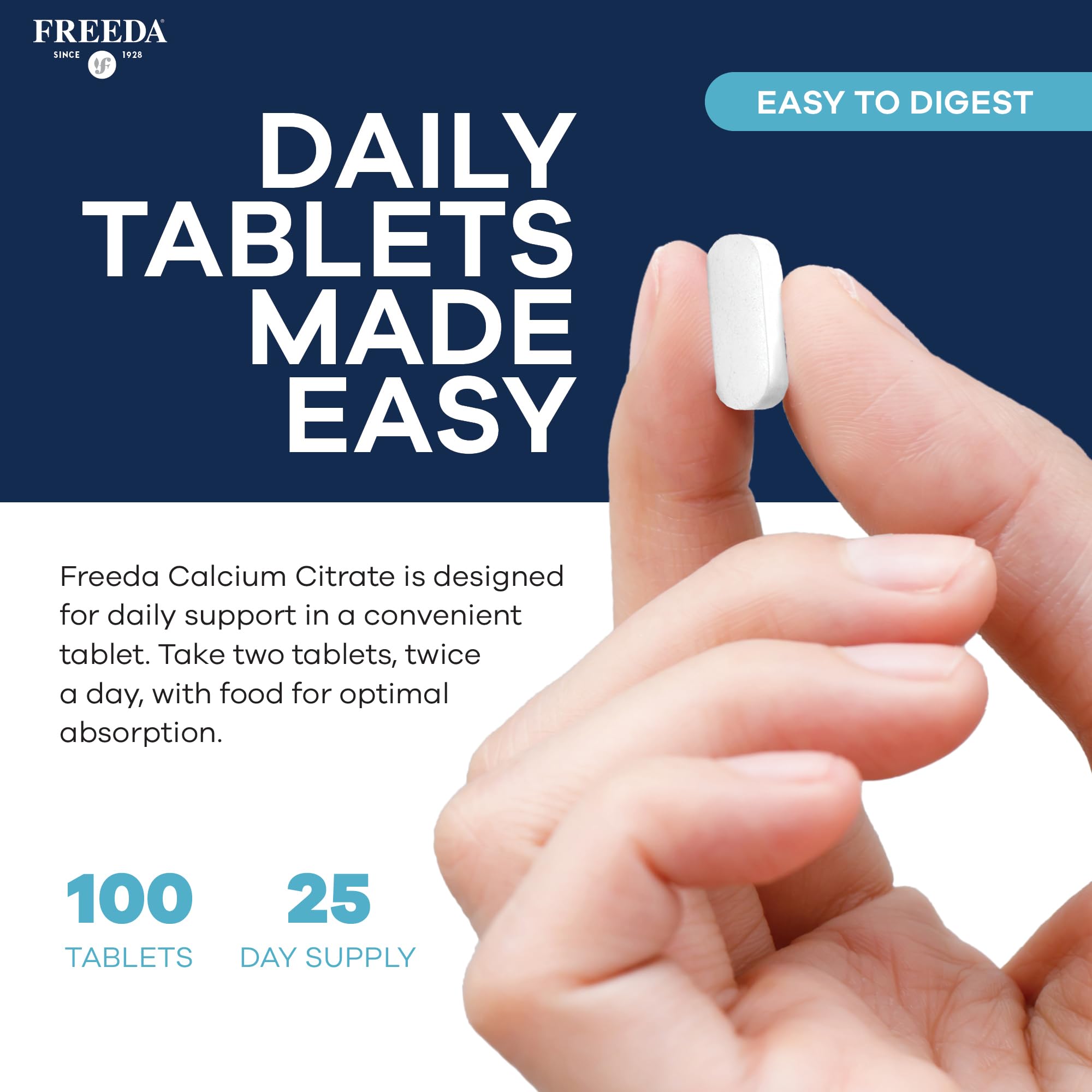 Freeda Calcium Citrate – Kosher Vegan Bone Strength Supplement – Supports Bone Density & Muscle Function – Calcium 1000mg per Serving – No Added Vitamin D – (100 Tablets) - Image 3