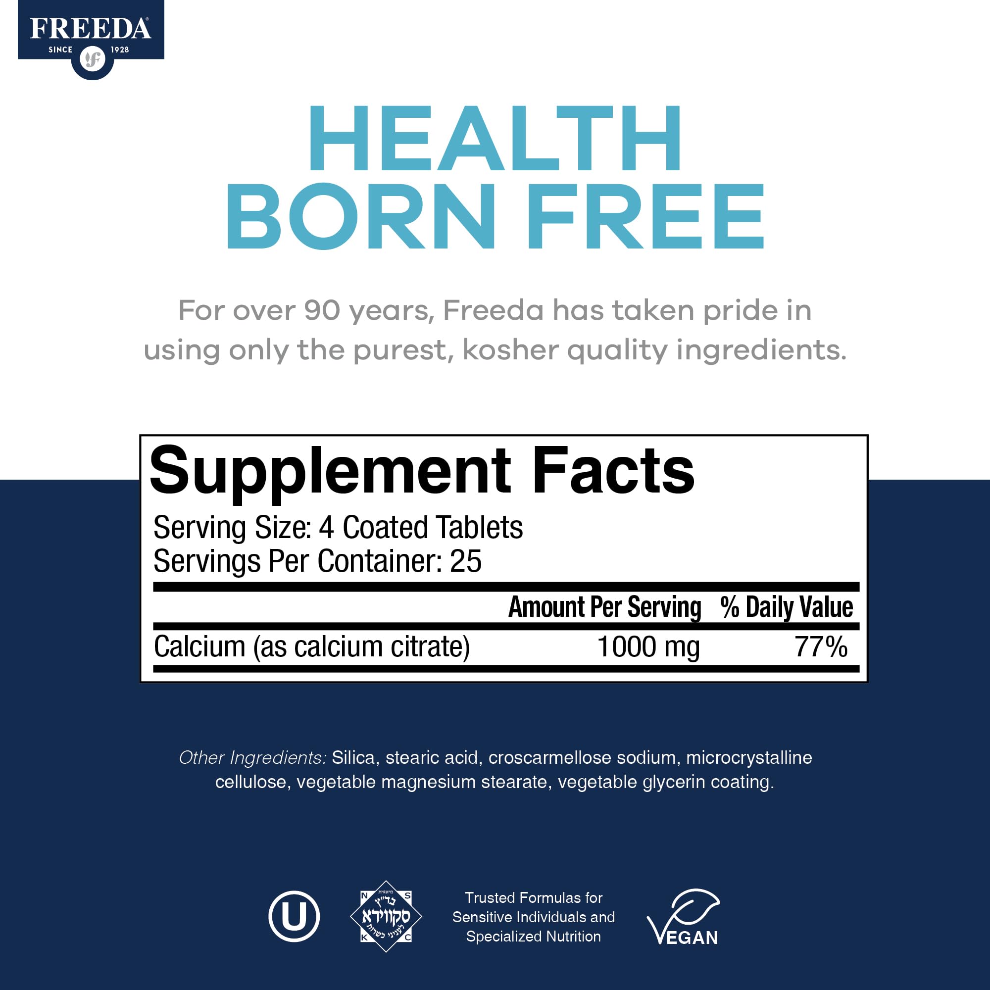 Freeda Calcium Citrate – Kosher Vegan Bone Strength Supplement – Supports Bone Density & Muscle Function – Calcium 1000mg per Serving – No Added Vitamin D – (100 Tablets) - Image 4