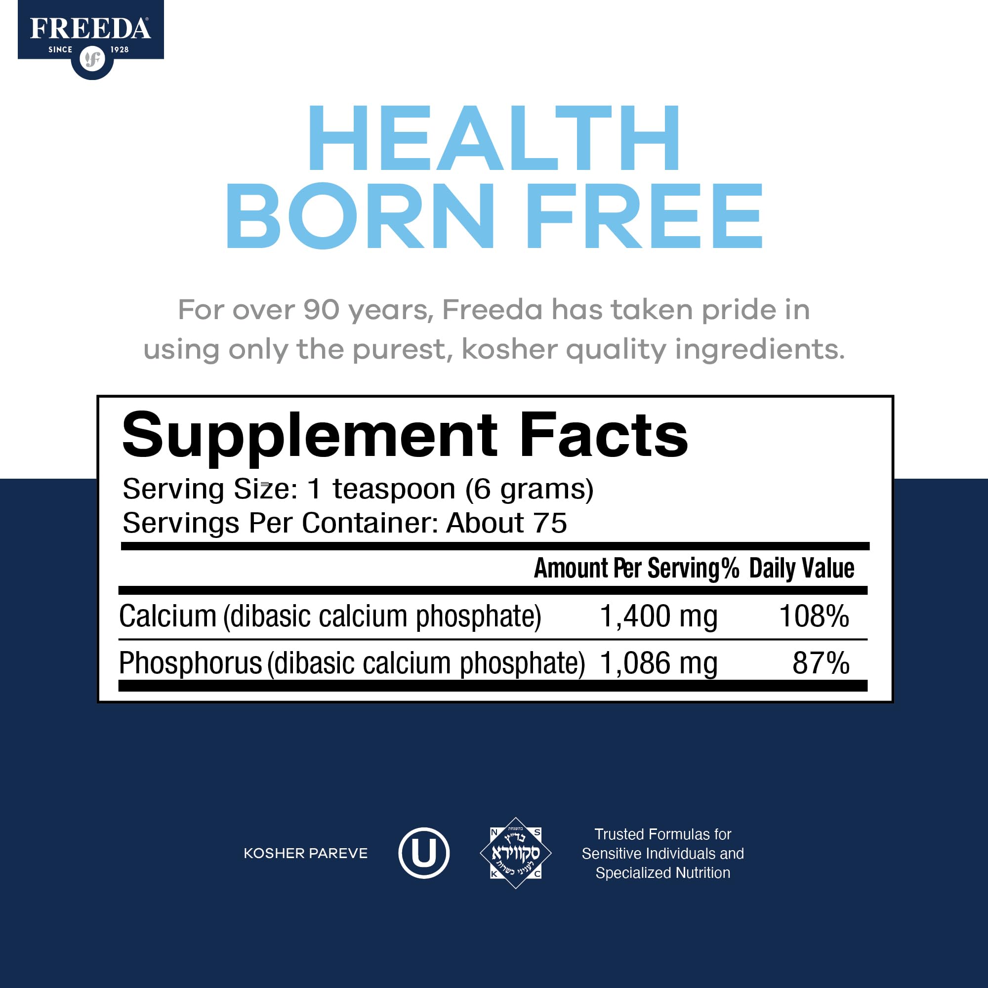 Freeda Calcium Phosphate Powder – Kosher Mineral Supplement for Bone & Joint Health in Men, Women, Dogs & Cats – Bone Strength Powder with Calcium and Phosphorus – No Vitamin D – Made in USA, 16oz - Image 3