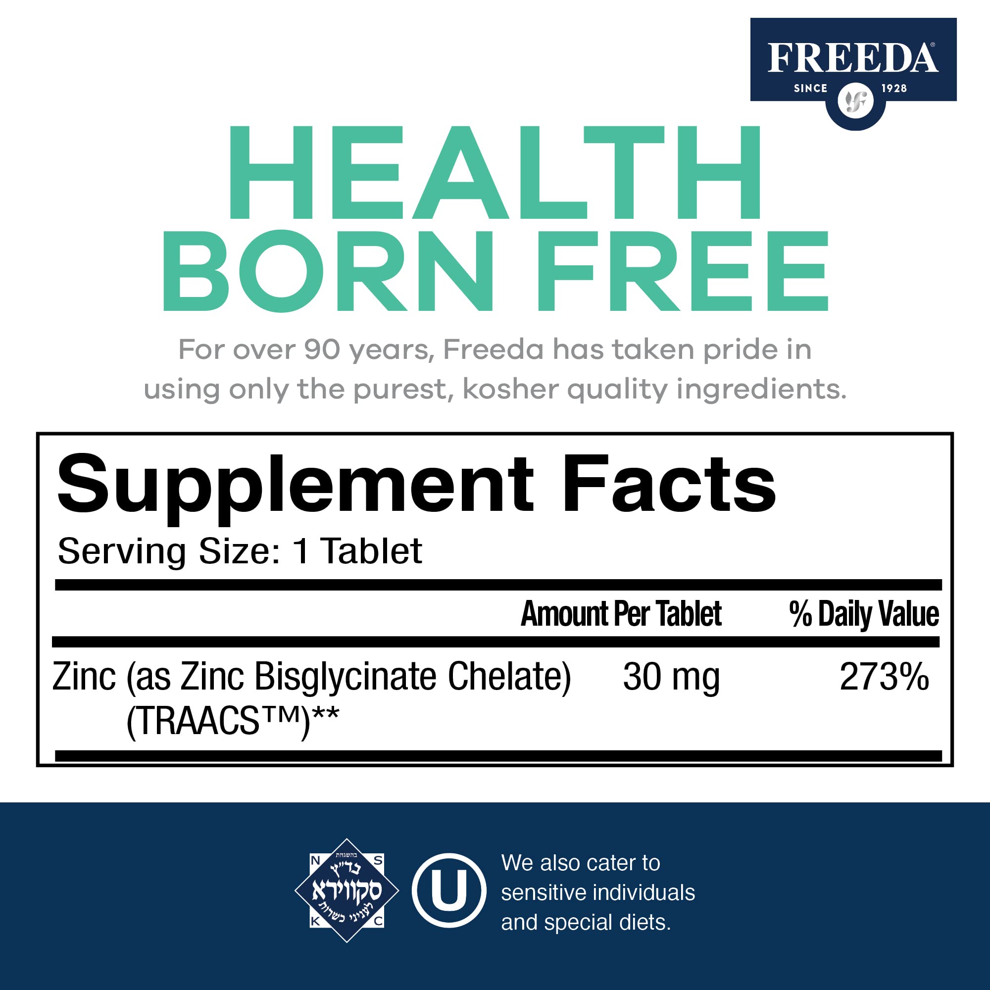 Freeda Chelated Zinc 30mg – TRAACS® Zinc Bisglycinate for High Absorption – Vegan, Kosher, Gentle on Stomach – Immune Support for Adults, Men & Women – 100 Tiny Tablets - Image 3