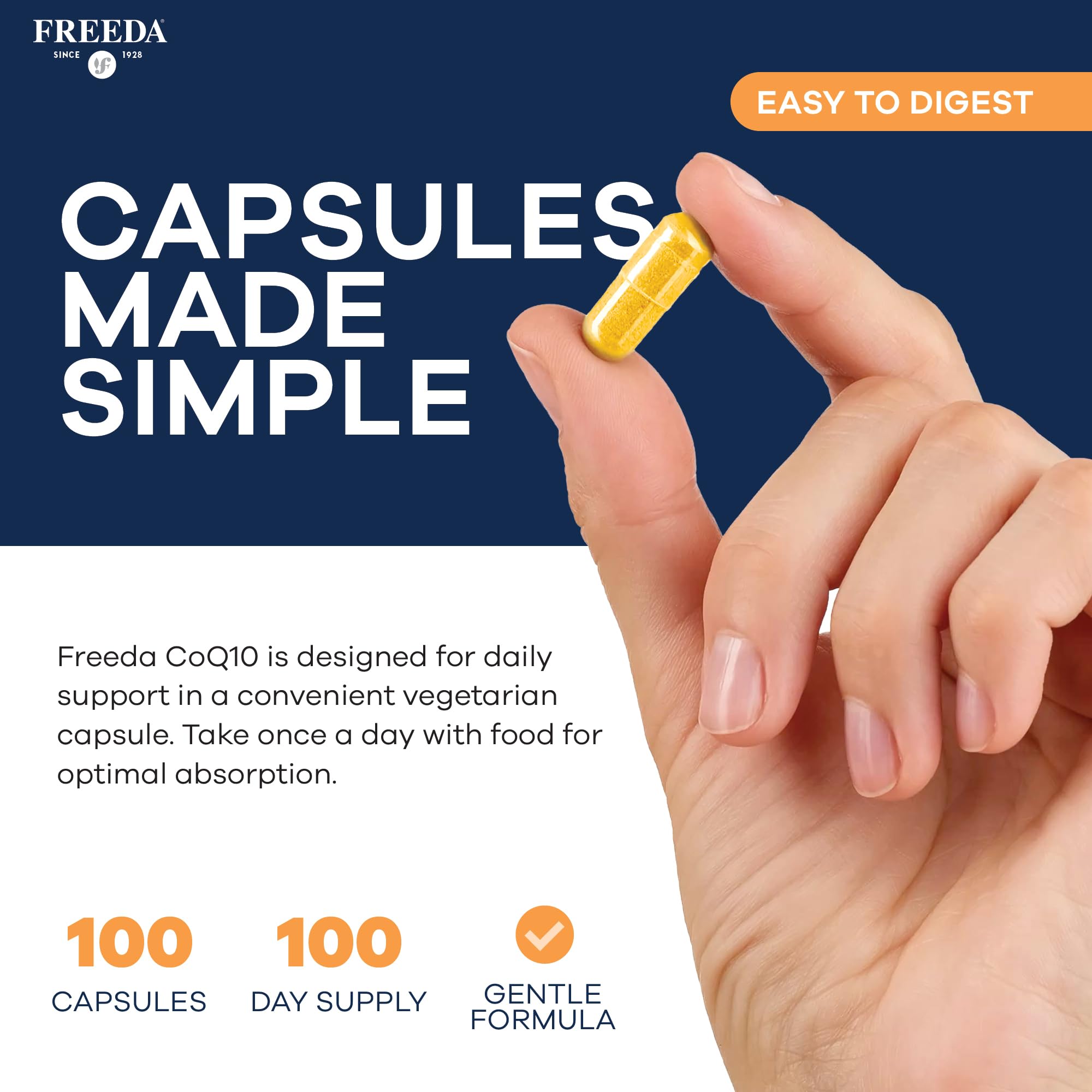 FREEDA CoQ10 100mg - Kosher Coenzyme Q10 Dietary Supplement for Cardiovascular Heart Health, Blood Pressure Support, Oral Gum Health, and Healthy Aging - Pure CoQ10 Capsules, 100 Count - Image 3