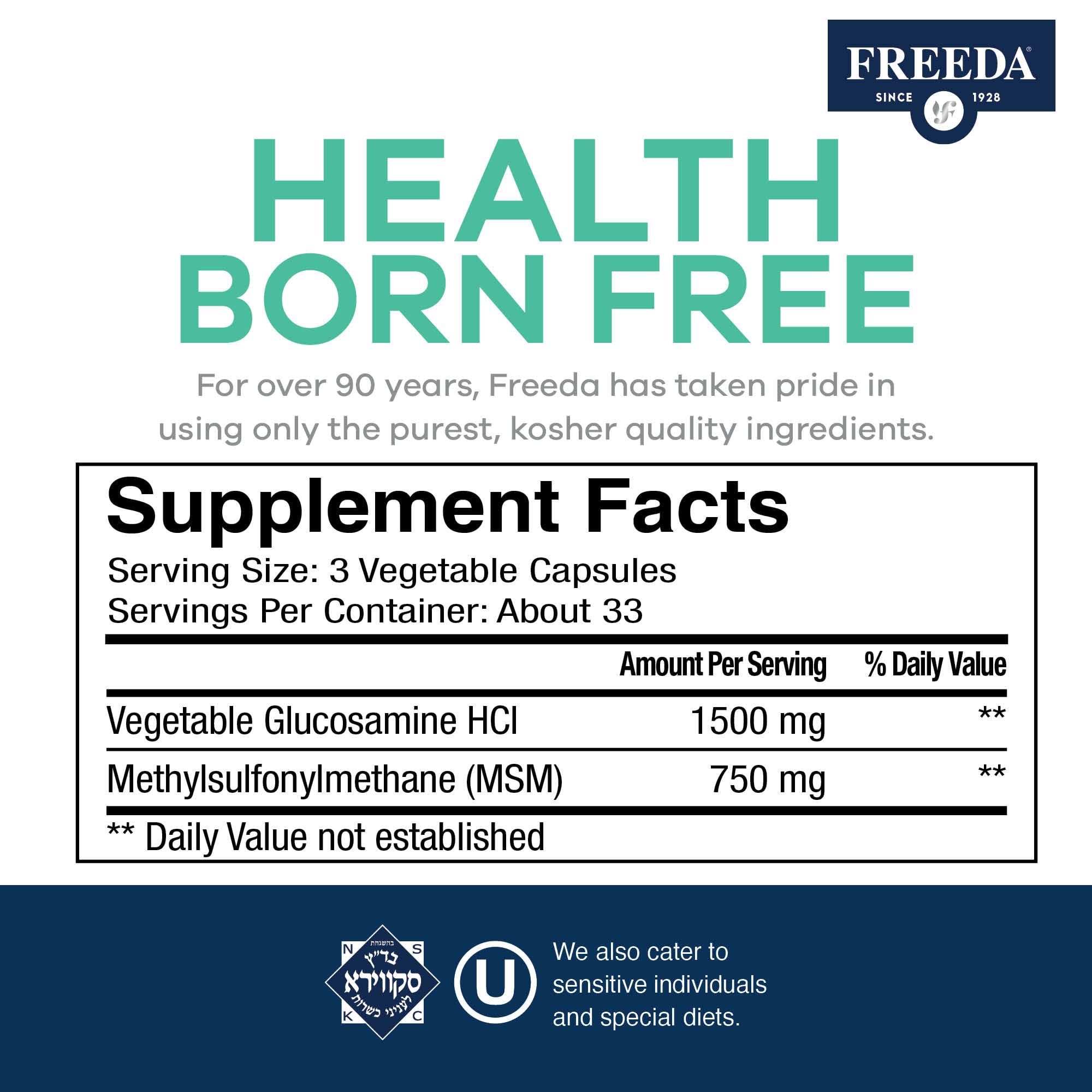 FREEDA Glucosamine MSM – Vegan Joint Flexibility & Mobility Supplement – Vegetarian Glucosamine Without Shellfish – Supports Joint Function – Third-Party Tested – (100 Capsules) - Image 3