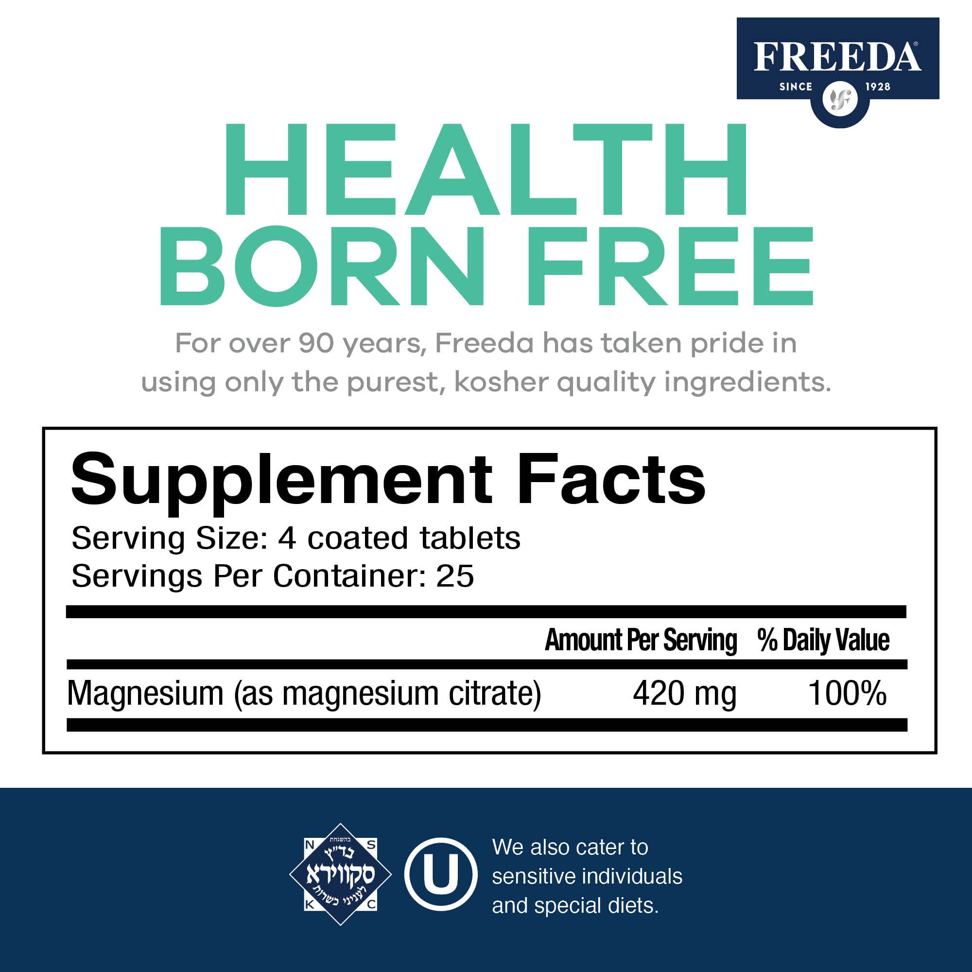 Freeda Magnesium Citrate 400 mg Coated Tablets – High Absorption Supplement for Muscle, Nerve & Relaxation Support – Vegan, Gluten-Free, Kosher – 100 Count - Image 3