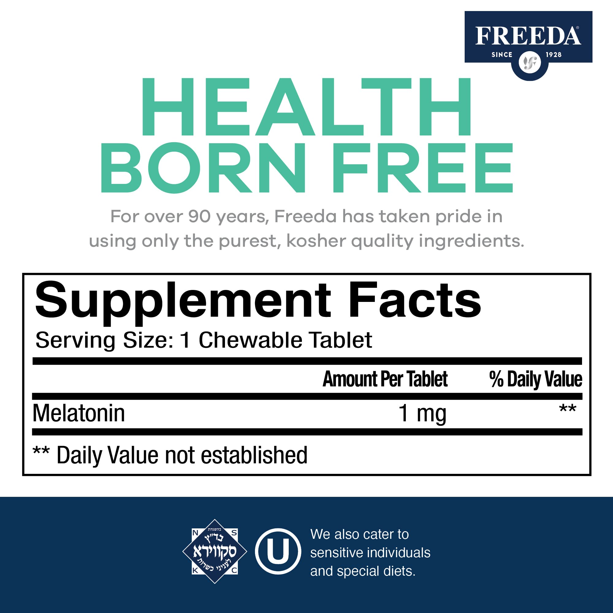 FREEDA Melatonin 1 mg Sugar-Free Chewable Tablets – Natural Fruit Flavor Sleep Aid for Adults and Kids Ages 3 and Up – Non-Habit Forming, Vegan, Gluten-Free, Kosher – Made in USA (90 Count) - Image 3