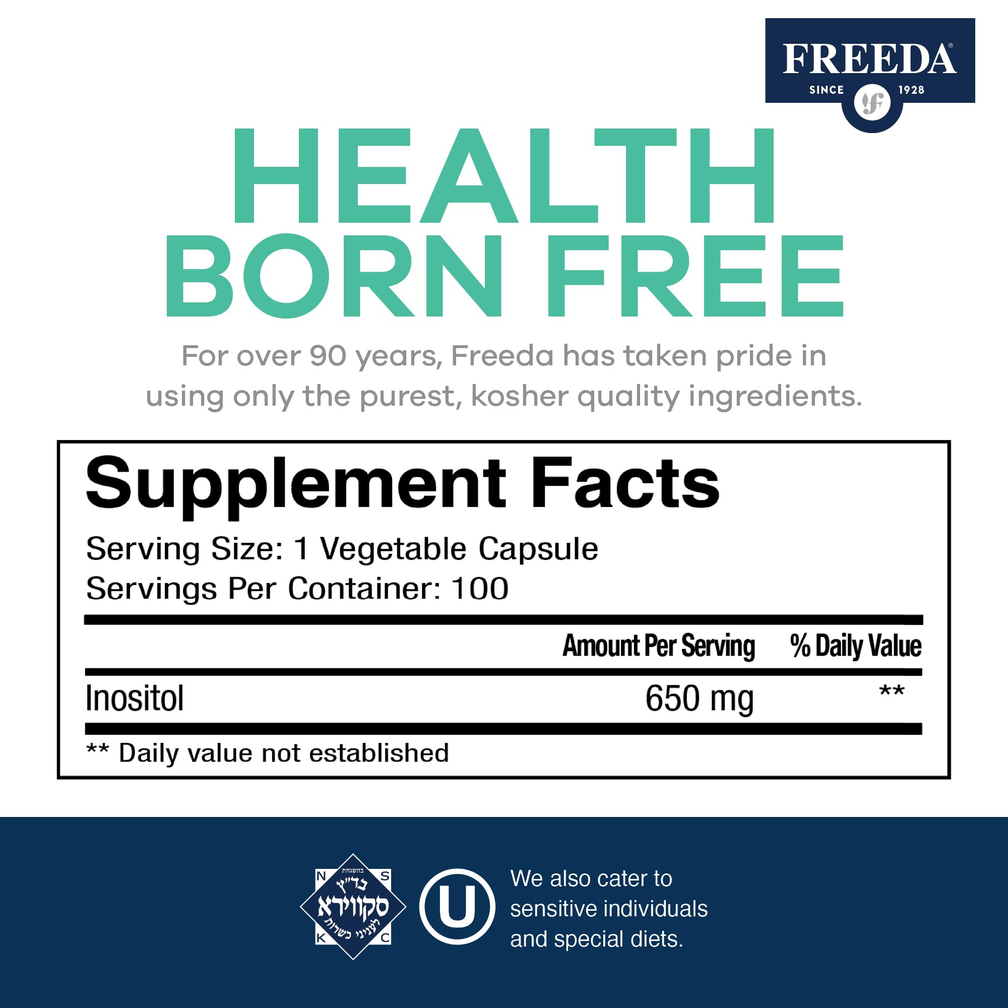 FREEDA Pure Inositol Capsules - 650 mg Inositol Supplement from Myo-Inositol - Mood and Calm Support - Vegetarian and Kosher Certified Vitamin B8 (Inositol) Supplements - Made in USA (100 ct) - Image 3