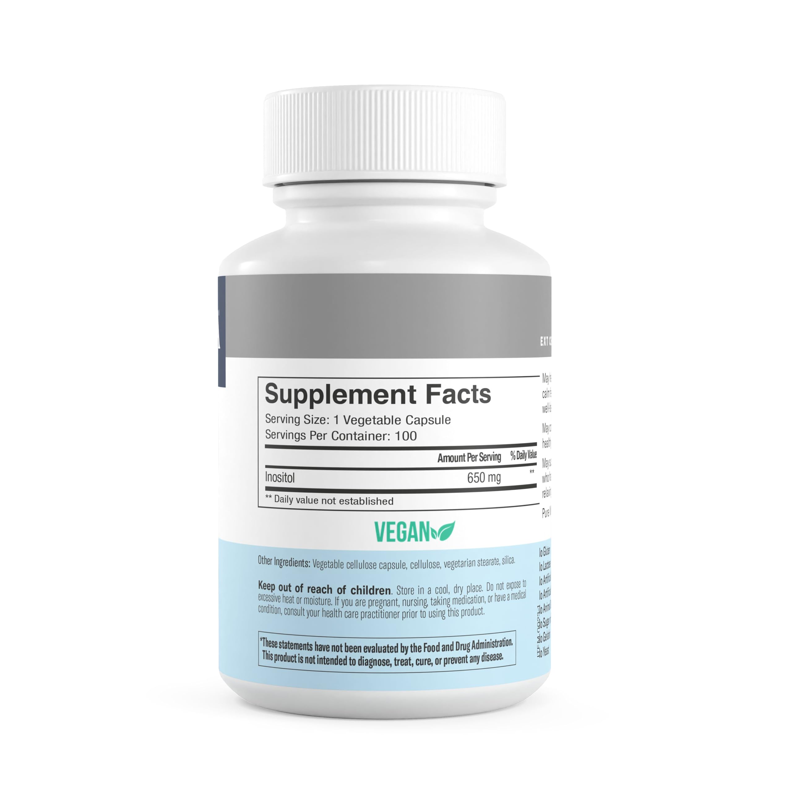 FREEDA Pure Inositol Capsules - 650 mg Inositol Supplement from Myo-Inositol - Mood and Calm Support - Vegetarian and Kosher Certified Vitamin B8 (Inositol) Supplements - Made in USA (100 ct) - Image 6