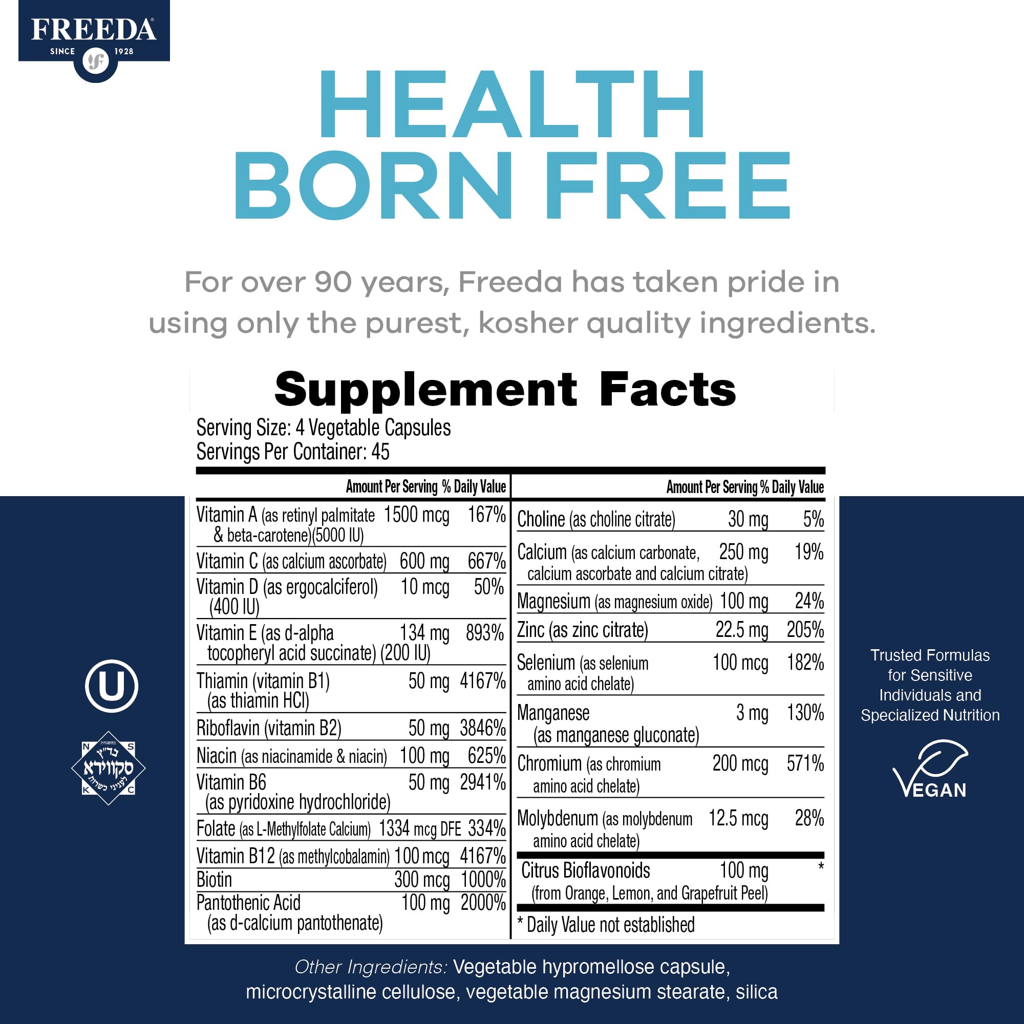 FREEDA SCD Multivitamin – Daily Multivitamin Supplement for Men & Women – Vegan, Gluten-Free, SCD Legal – Kosher Certified Adult Vitamins – Specific Carbohydrate Diet Friendly – 180 Capsules - Image 3