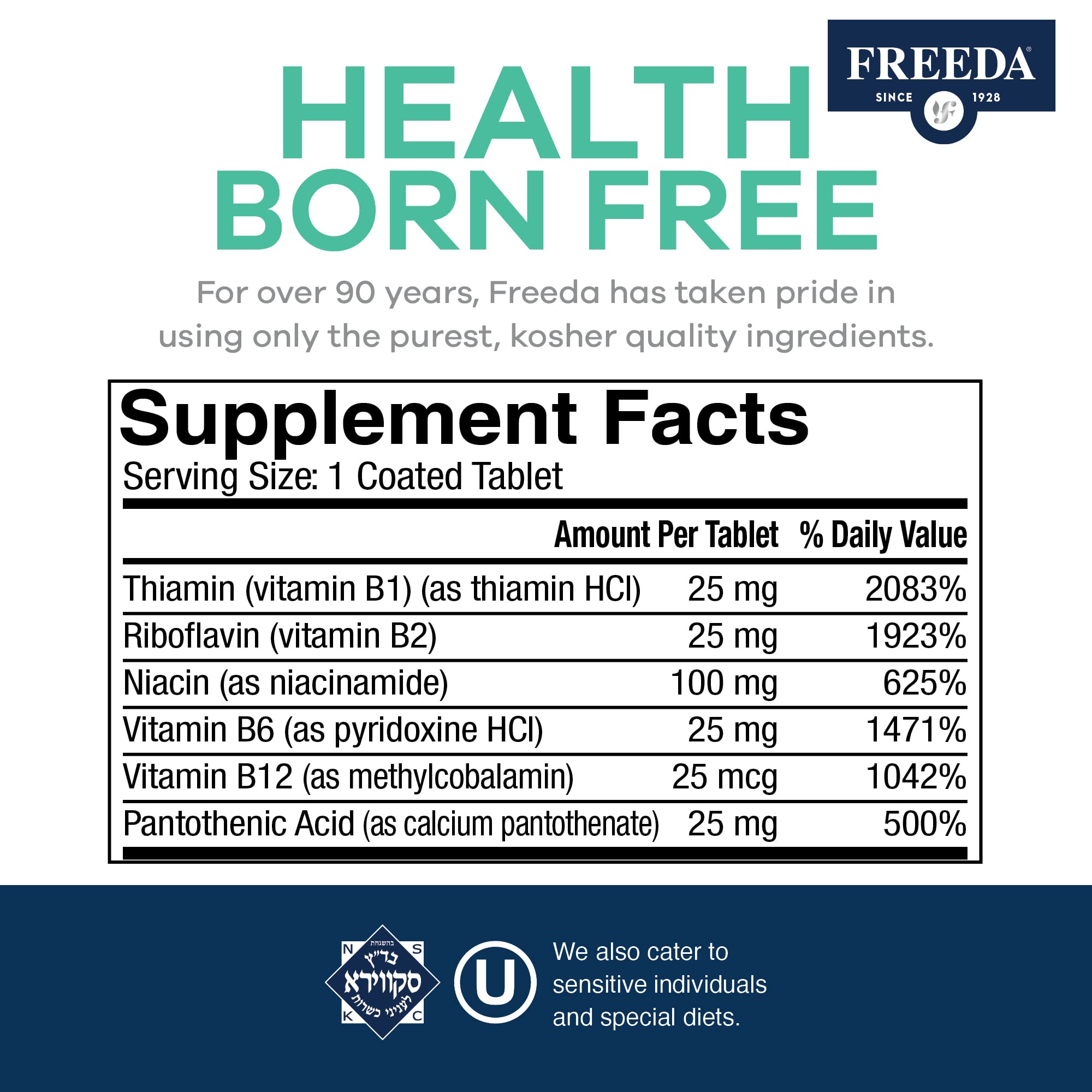 Freeda Vitamin B Complex No Folic No PABA - Super B Complex Kosher Vitamin Supplement with Vitamin B1 Vitamin B2 Vitamin B3 Vitamin B5 Vitamin B6 Vitamin B12 - Vit B Complex B for Women & Men (100 Ct) - Image 3