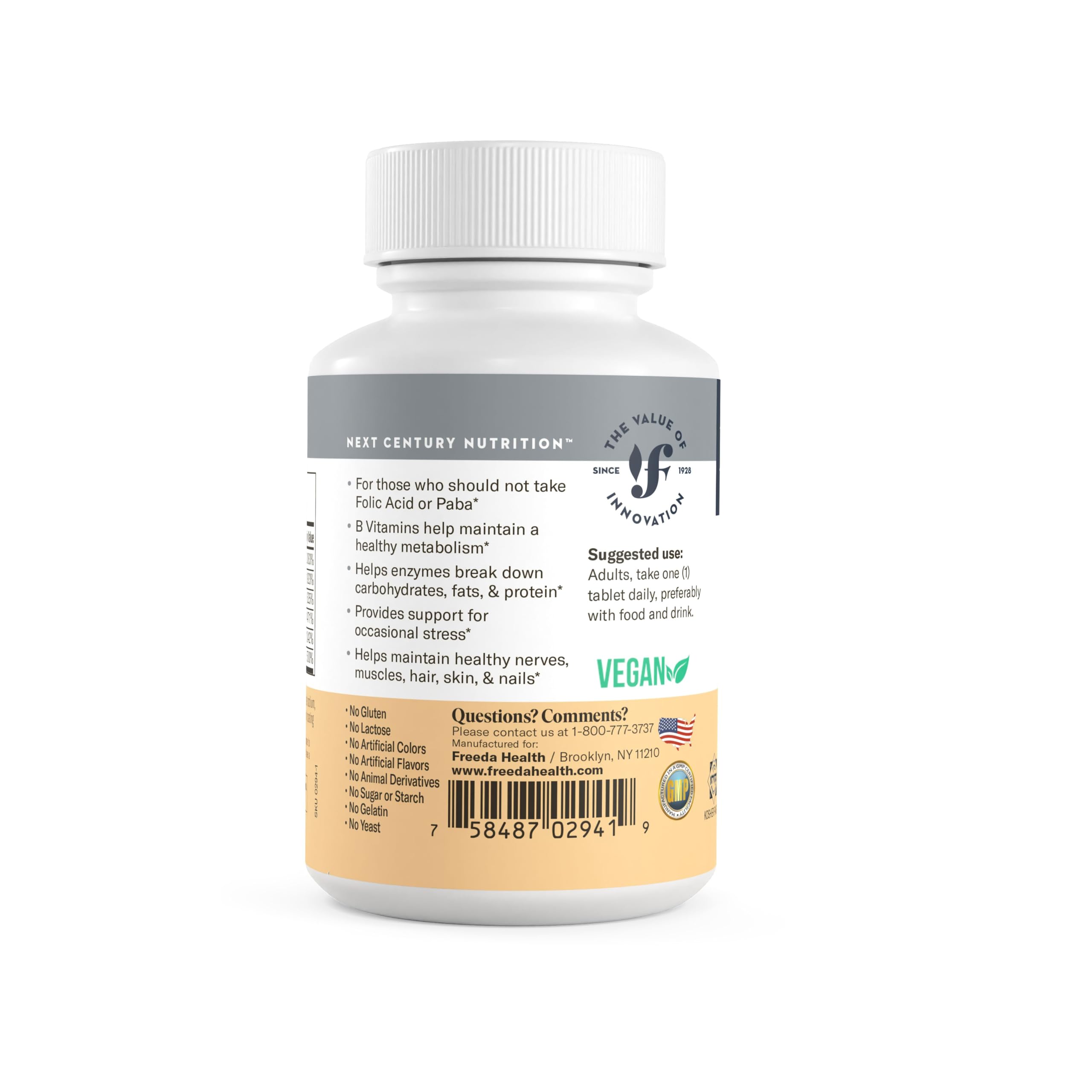 Freeda Vitamin B Complex No Folic No PABA - Super B Complex Kosher Vitamin Supplement with Vitamin B1 Vitamin B2 Vitamin B3 Vitamin B5 Vitamin B6 Vitamin B12 - Vit B Complex B for Women & Men (100 Ct) - Image 7