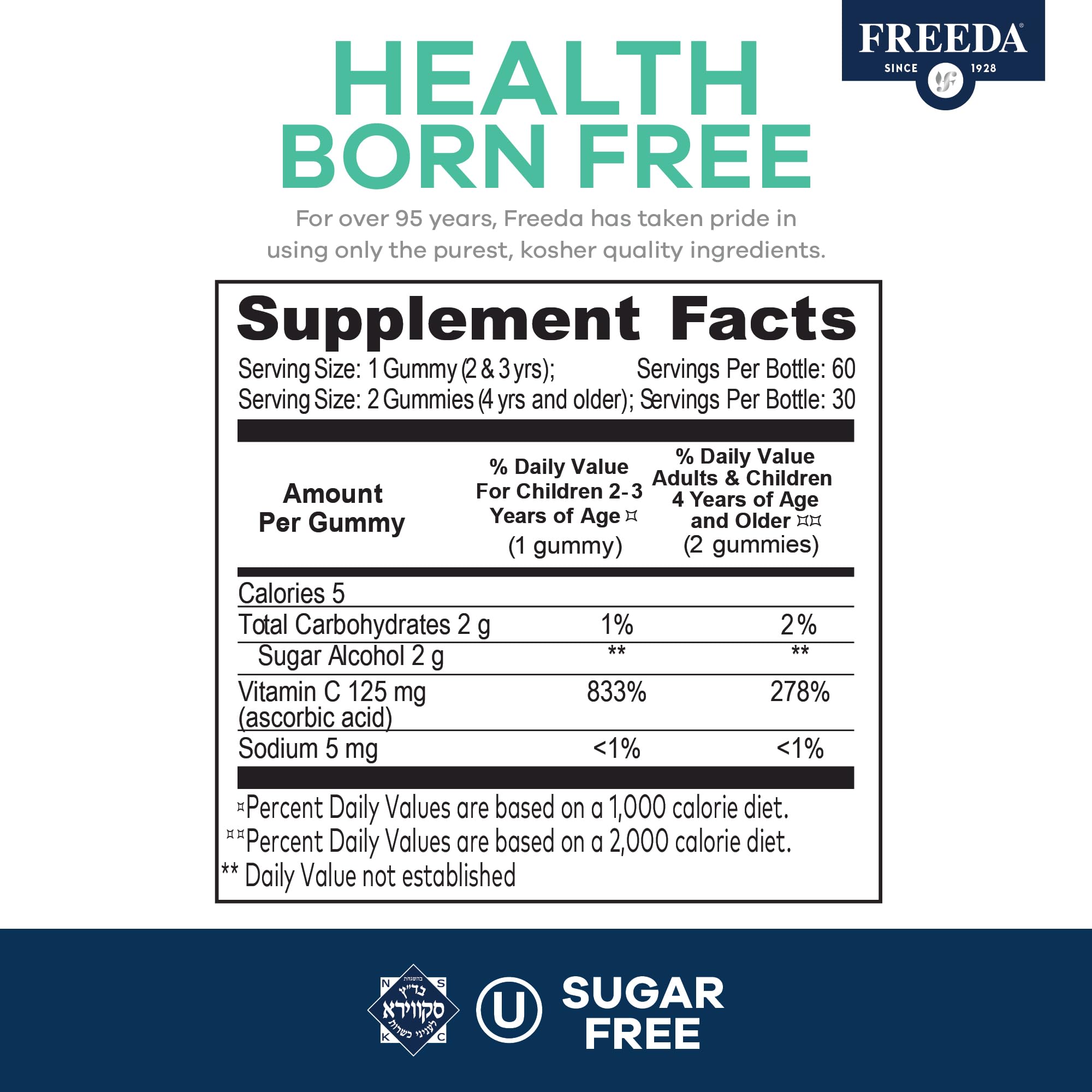 FREEDA Vitamin C Kids Vitamin C Gummies - Kids Sugar Free VIT C Gummy Chewable for Adults, Teens & Children - Certified Kosher, Delicious Orange Flavor, Zero Sugar Immune Support Supplement (60 Ct) - Image 3