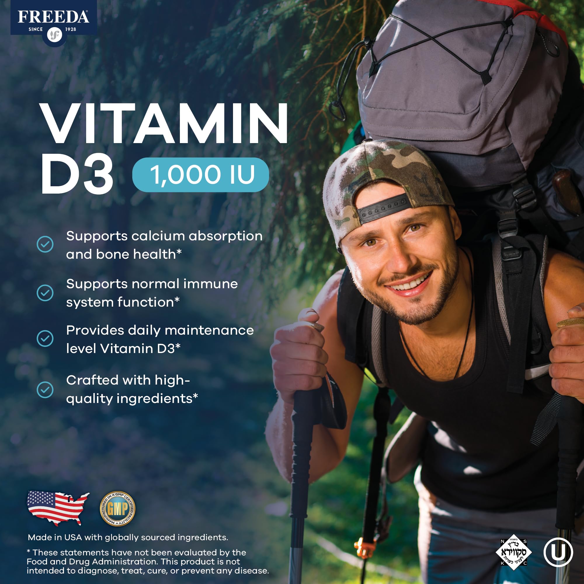 FREEDA Vitamin D3-1000 IU - Pure High Potency Kosher Supplement Tablets - Bone and Muscle Health, Calcium Absorption, Immune Support for Men and Women* - 100 Count - Image 3