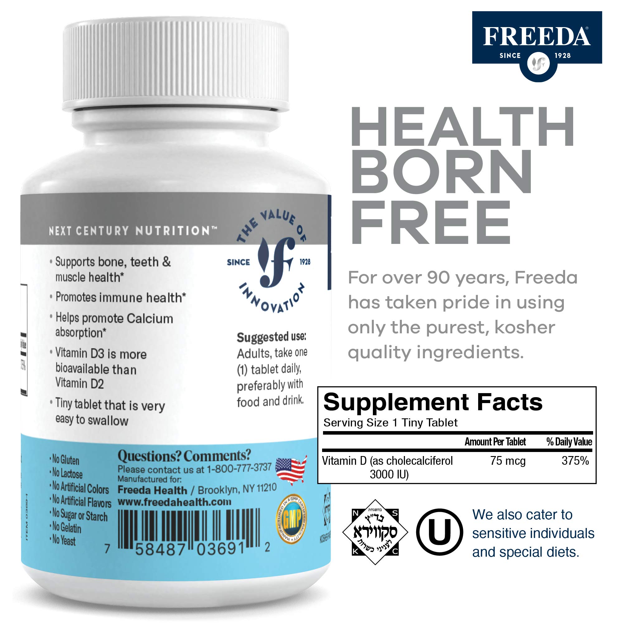 FREEDA Vitamin D3-3000 IU - Pure High Potency Kosher Supplement Tablets - Bone and Muscle Health, Calcium Absorption, Immune Support for Men and Women* - 100 Tiny Tablets - Image 8